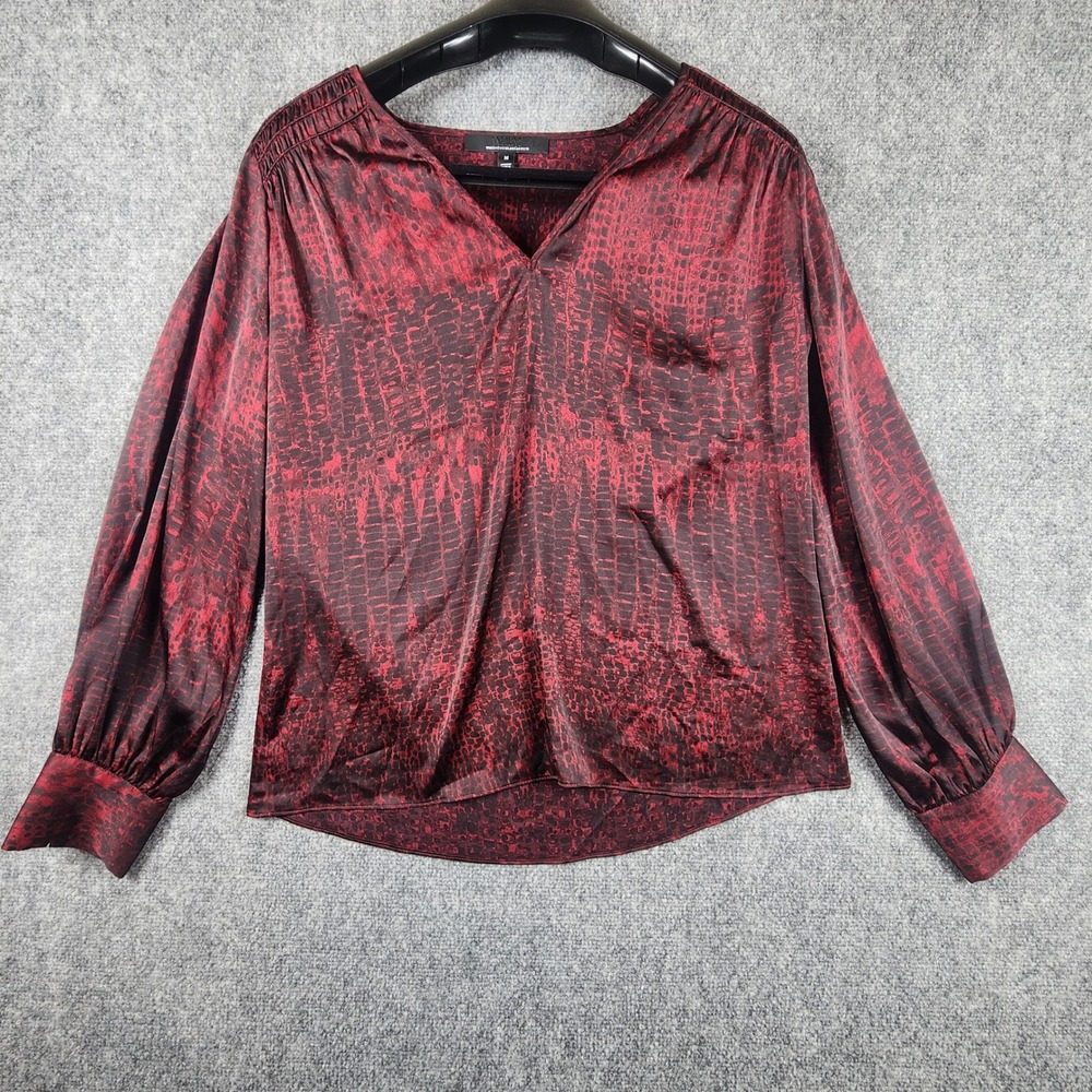 White House Black Market Red Black Snakeskin Satin V-Neck Blouse Smocked Medium